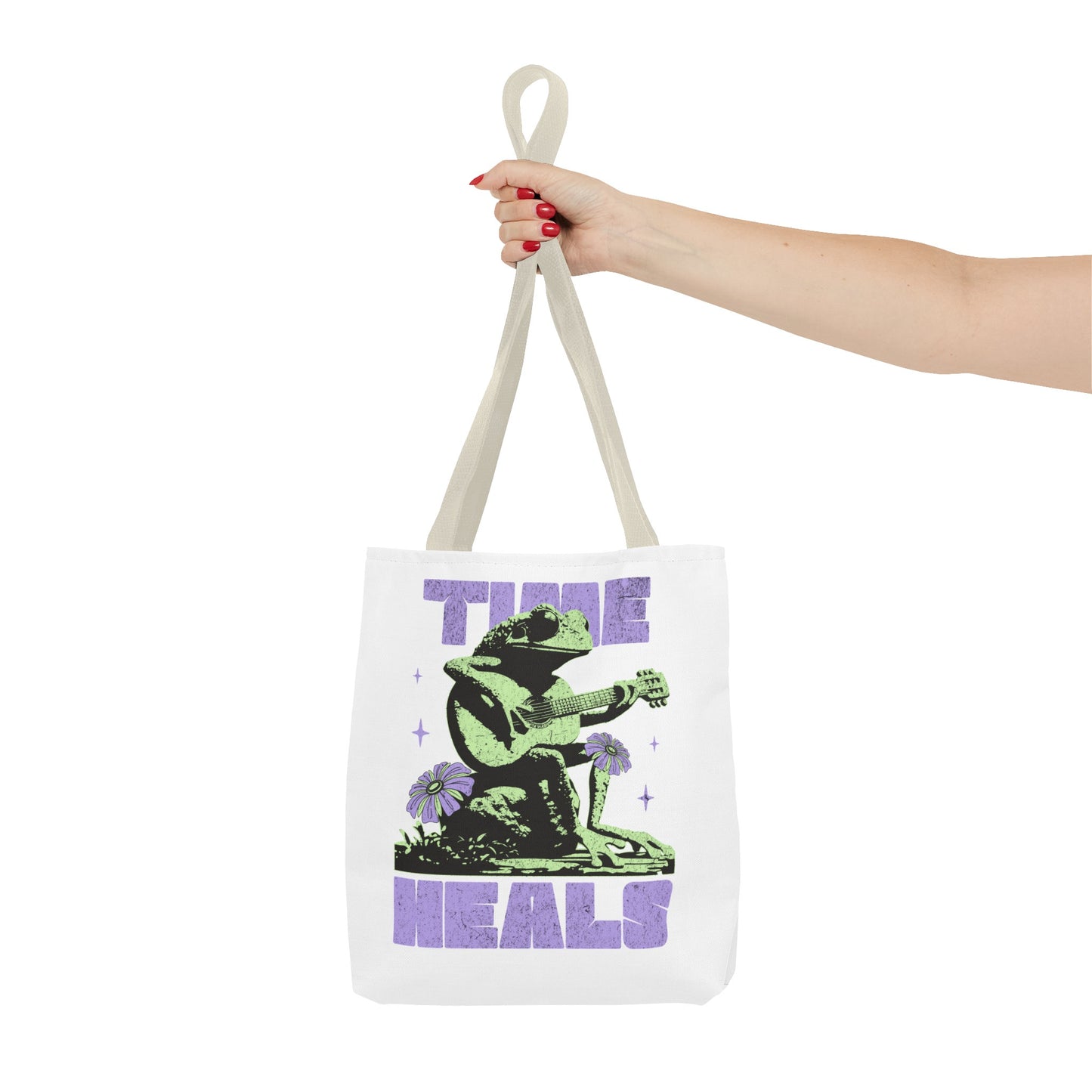 Green positive time heals cartoon frog Tote grocery workout Bag