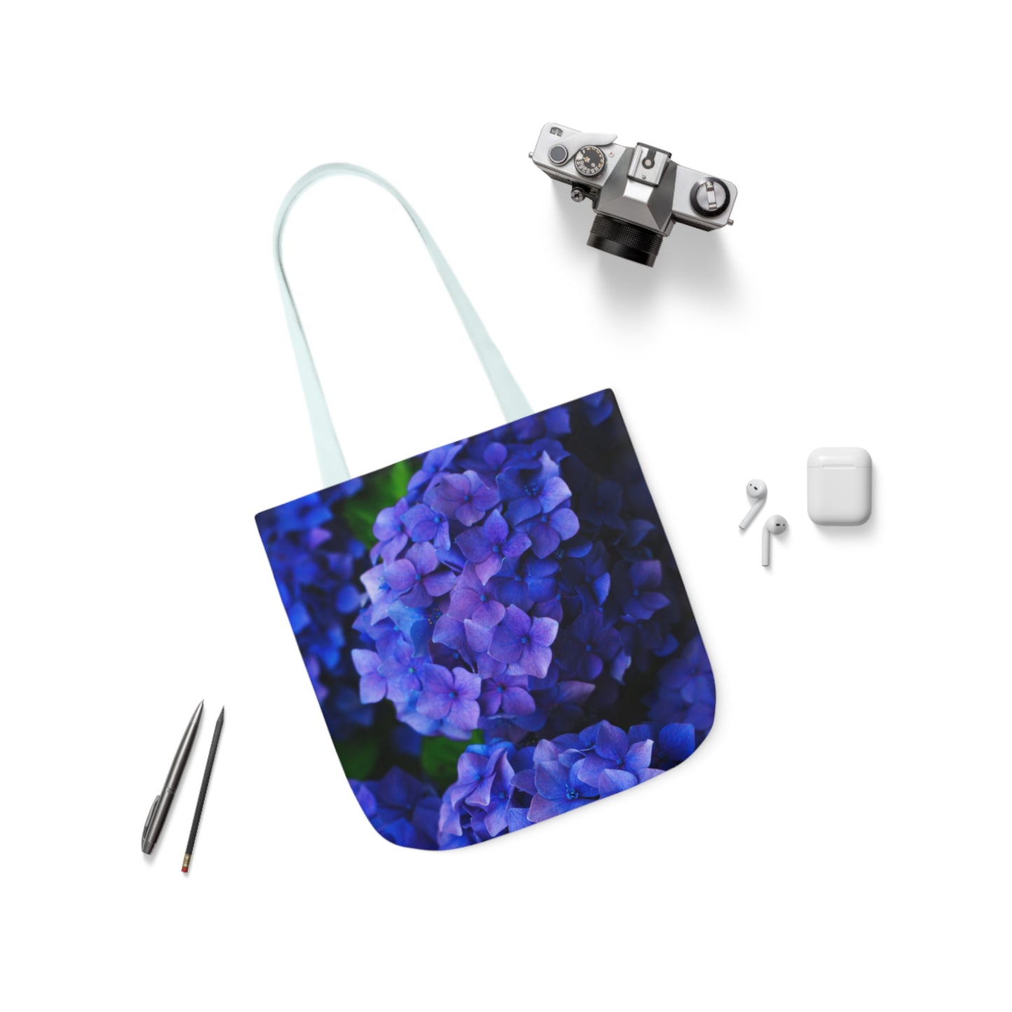 Blue Flowers Canvas Tote Bag, 5-Color Straps