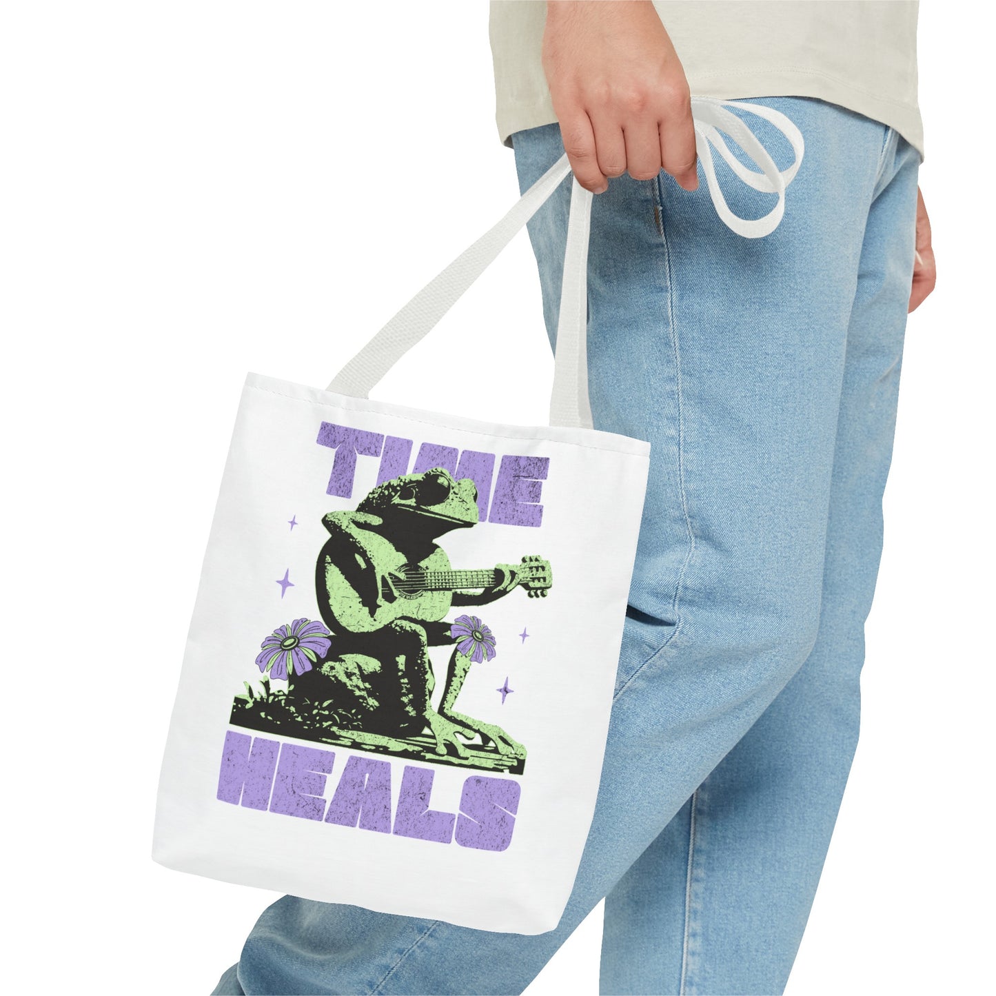 Green positive time heals cartoon frog Tote grocery workout Bag