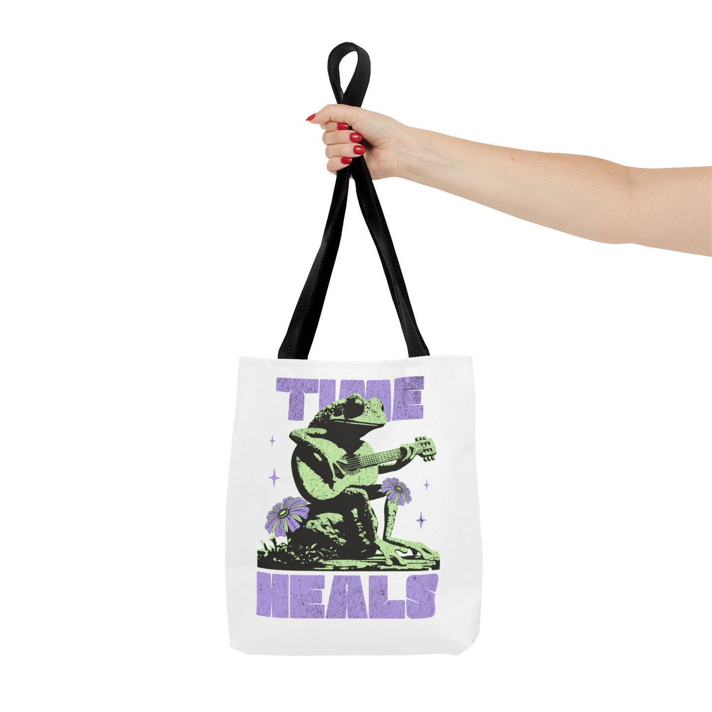 Green positive time heals cartoon frog Tote grocery workout Bag