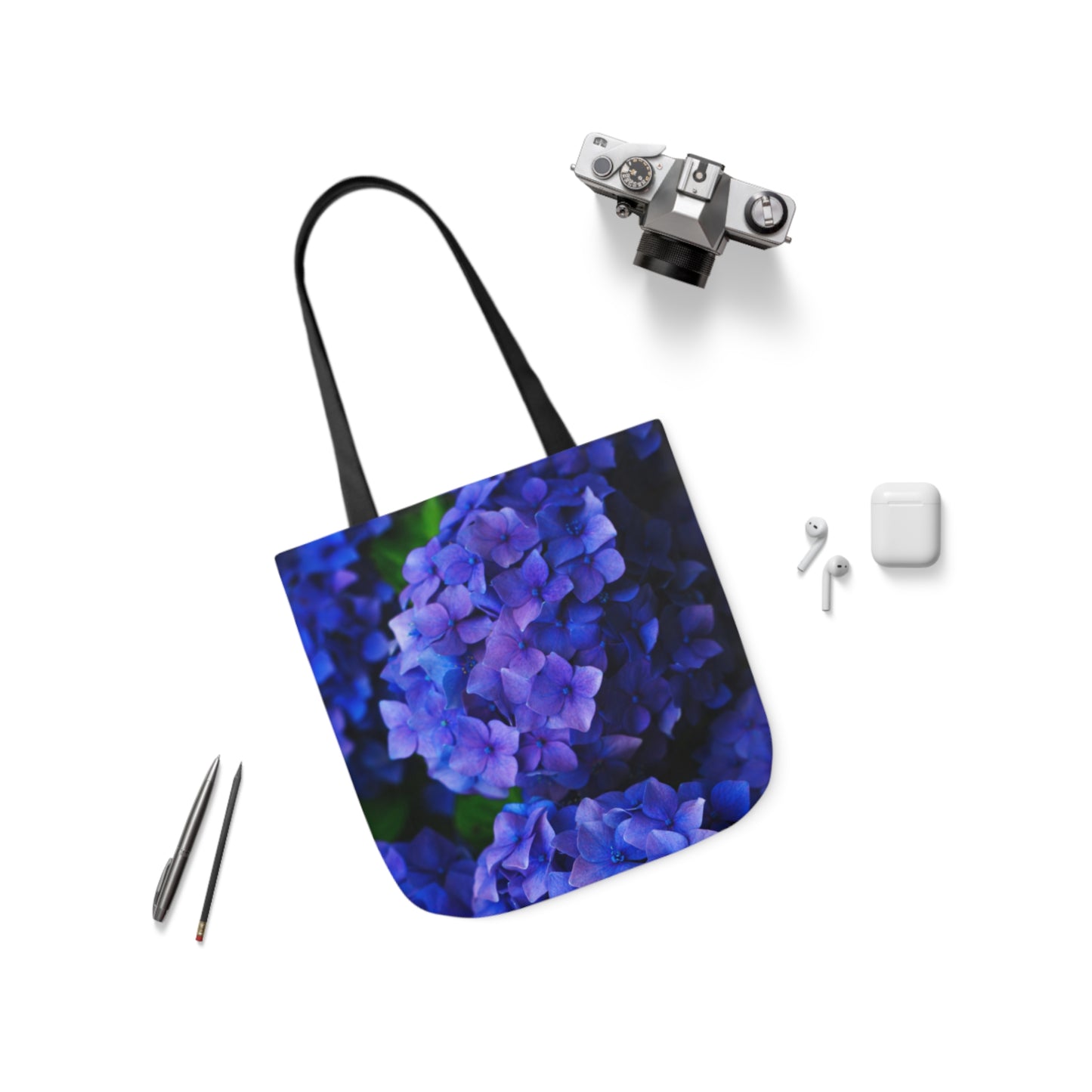 Blue Flowers Canvas Tote Bag, 5-Color Straps