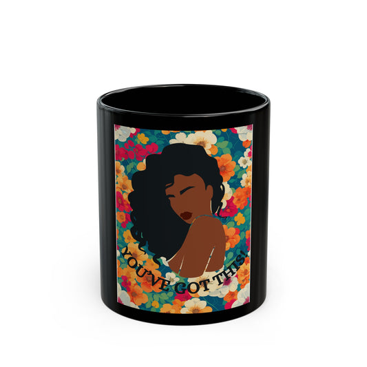 Black WOMAN WITH FLOWERS ON A CELEBRATION  Mug, MOM, SISTER, PARTY