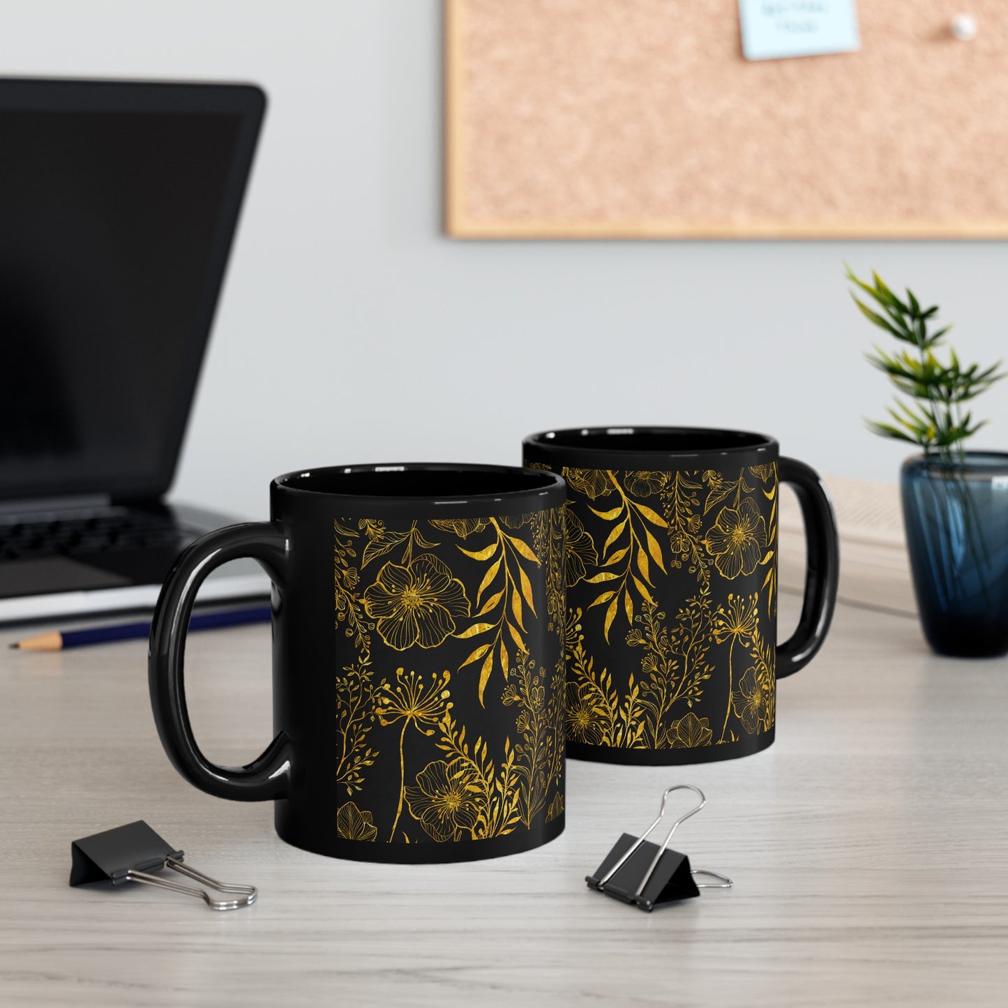 Gold Flowers Black Mug (11oz, 15oz)