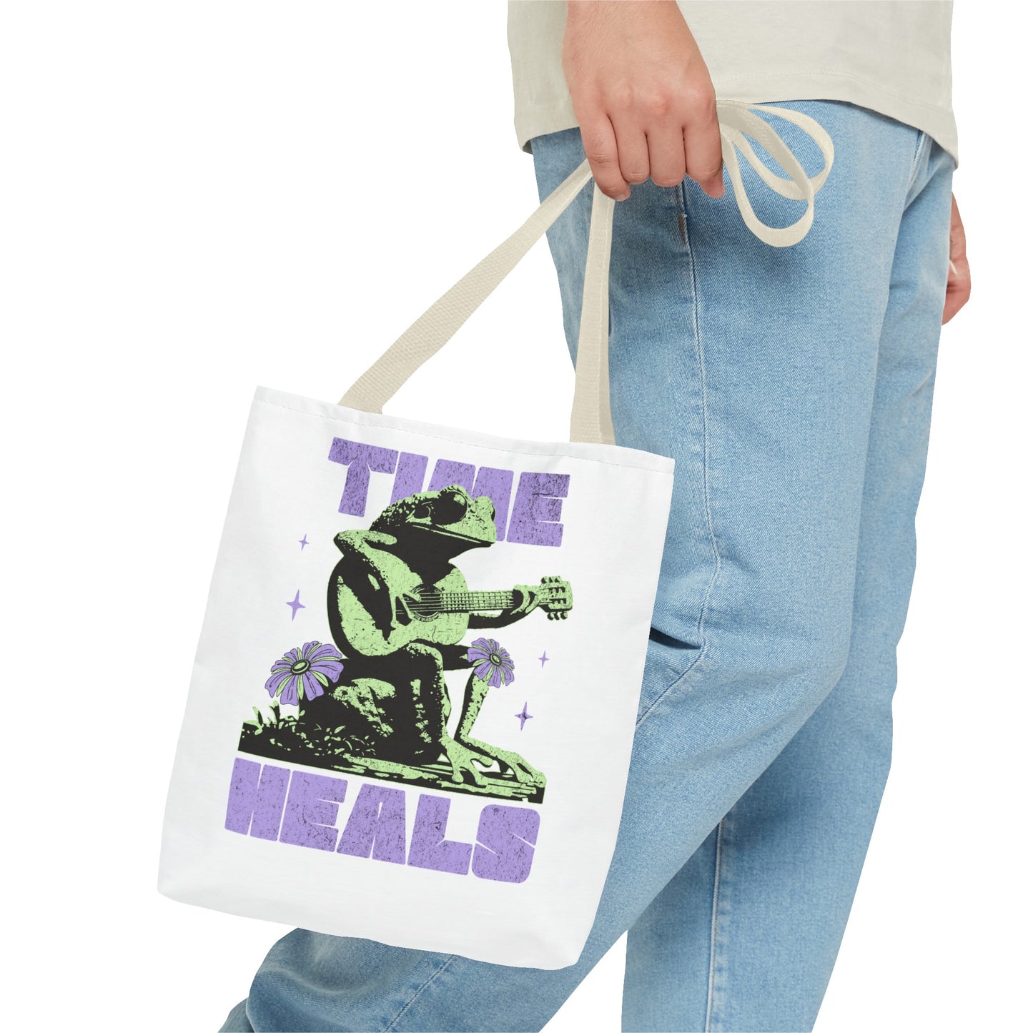 Green positive time heals cartoon frog Tote grocery workout Bag